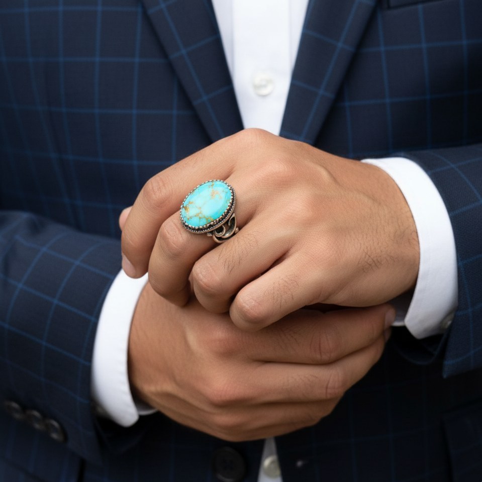 انگشتر نقره با نگین فیروزه نیشابور کد 203416 - Image 3